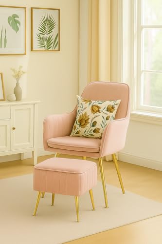 Image of Velvet Accent Chair with Matching Pouffe & Floral Cushion | Modern Upholstered Armchair with Gold Metal Legs | Lounge Chair for Living Room, Bedroom, Office, Guest Room (Baby Pink)