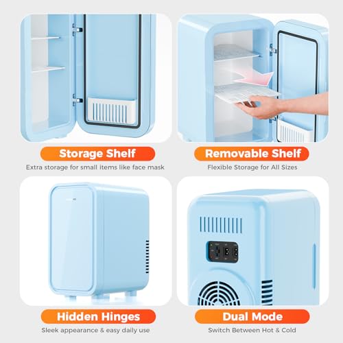 Image of YASHE Mini Fridge, 6 Liter /8 Can 110V AC /DC Portable Thermoelectric Cooler Refrigerators for Bedroom, Skincare, Beverage, Office, Dorm Room and Car, Blue