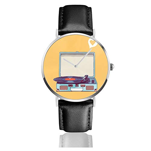 Lederuhr Blau Vinyl Plattenspieler Unisex Klassisch Casual Mode Quarz Uhr Edelstahl Uhr mit Lederband