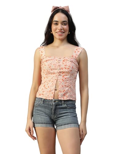 Image of oxolloxo Women Printed Top with Square Neck, Smocked Back, Shoulder Straps, Button Fly and Front Slit in Soft Poly Seersucker Dobby Fabric