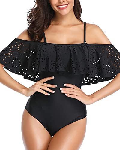 Tempt Me Black Women One Piece Bathing Suits Off Shoulder Ruffle Swimsuits With Sleeve Flounce Tummy Control Swimwear L #TOP2
