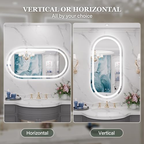 Image of WallBeyond LED Bathroom Mirror with Lights, 16 x 32 Inch Oval Led Bathroom Vanity Mirror for Wall with Front and Backlit, Anti Fog Mirror for Bathroom, 3 Colors and Dimmable Light, Horizontal /Vertical