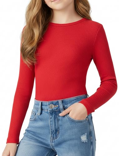 PATPAT Girls Red Long Sleeve Ribbed Shirt Size 5-6 Crew Neck Long Sleeve Tops Red Blouse for Girls Casual Tops