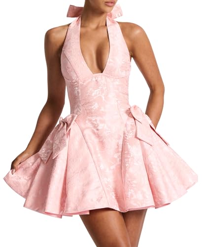 Azhong Women's Summer Backless Deep V Neck Halter Jacquard Mini Dress A-line Ruffle Lace Up Back Bow Short Dress