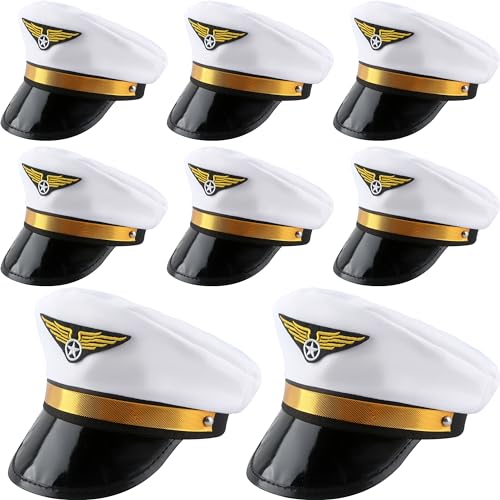 SGBETTER 8 Pack Kids Pilot Hats Airplane Captain Hat Airline Pilot Hat for Boys Girls Halloween Party Costume Accessory (White)
