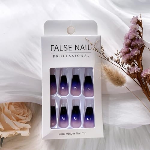 Medium Press on Nails Coffin Fake Nails Purple and Black Gradient French Press on False Nails Acrylic Nails Full Cover Glossy Glue on Nails Medium Reusable Artificial Stick on Nails for Women Girls - Image 6