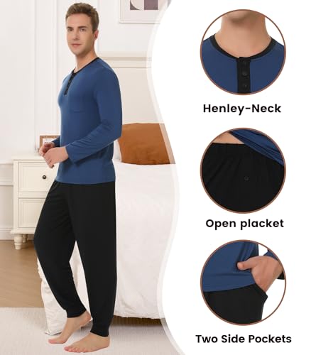 Image of NACHILA Mens Pajamas Set Long Sleeve Henley Sleepwear Top Soft Jogger Pants Pajamas Cool Pjs Set,Viscose Made from Bamboo
