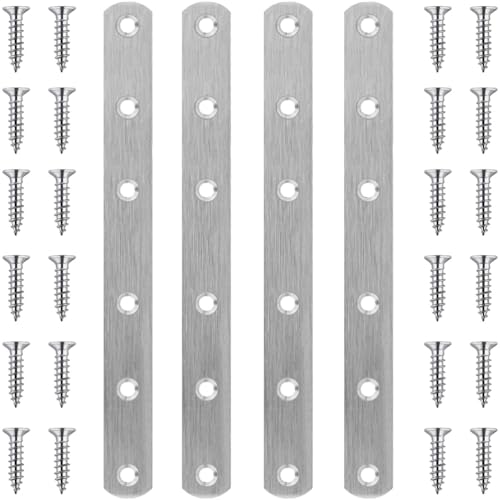 Image of 4 Pcs Straight Brackets 8 Inch Flat Brace Stainless Steel Straight Mending Plates for Wood, Heavy Duty Repair Fixing Joining Brackets with Screws