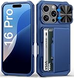 BXYJY for iPhone 16 Pro Case with Card Holder (4-5 Cards), Slide Camera Cover, Military Grade Protection, Shockproof Heavy Duty Rugged Silicone Men Women Wallet Phone Case for iPhone 16 Pro, Blue