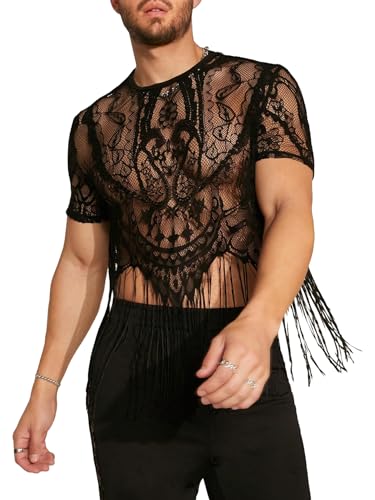 WDIRARA Men's Floral Lace Mesh Fringe Hem Shirts Scoop Neck Short Sleeve Asymmetrical Design Shirt See Through Party Outfits
