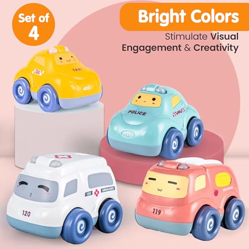 Image of Kidology Push & Go Baby Car Toy Set, Friction Powered Pull Back Cars for Toddlers, 4-Pack with 3D Lights & Sounds, Fun Cartoon Trucks for Boys & Girls, Baby Toys 1+ Year Old