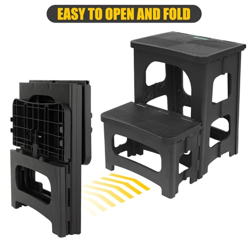 Folding 2-Step Stool for Adults Kids Non-Slip Collapsible Portable Step Stool for Kitchen Home Toilet Bedroom Office Bathroom Rv,Holds 300 Lbs(Black) - Image 6