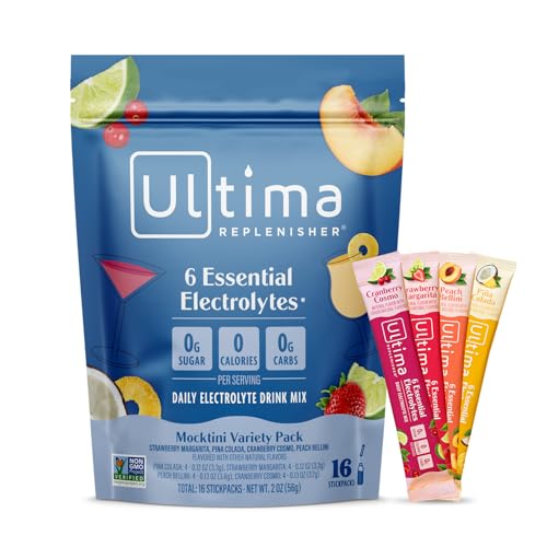 ultima replenisher daily electrolyte powder drink mix  sugar free  mocktini variety 16 stickpacks  hydration packets with 6 key electrolytes and trace minerals  keto friendly non-gmo
