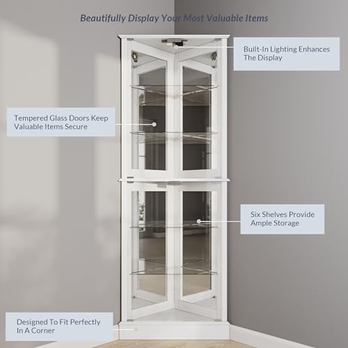 Image of BELLEZE Lighted Accent Corner Display Curio Cabinet with Tempered Glass Doors and Shelves, Classic Wood Cabinet w /Bulb, Corner Curio Storage Rack for Living Room, Bed-Room and Kitchen (White)
