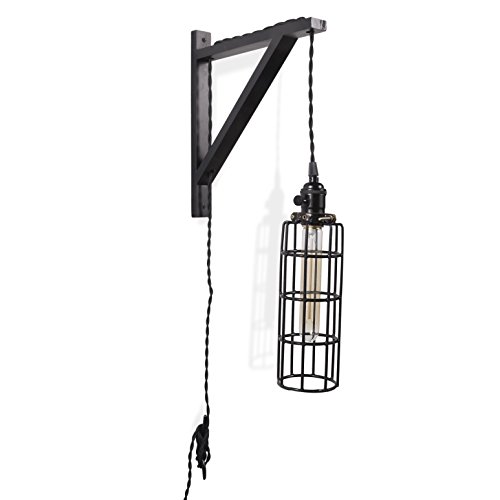 Rustic State Vintage Farmhouse Design Wall Lamp Sconce Set with Wood Wall Bracket Cylinder Cage and Tube LED Energy Saver Edison Light Bulb