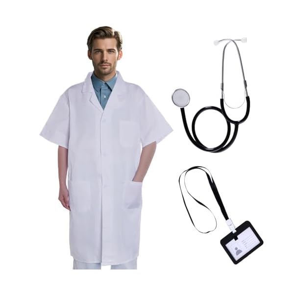 Scientist Doctor Costume Women Men Halloween White Short Sleeve Lab Coats with Stethoscope ID Card for Student Adult