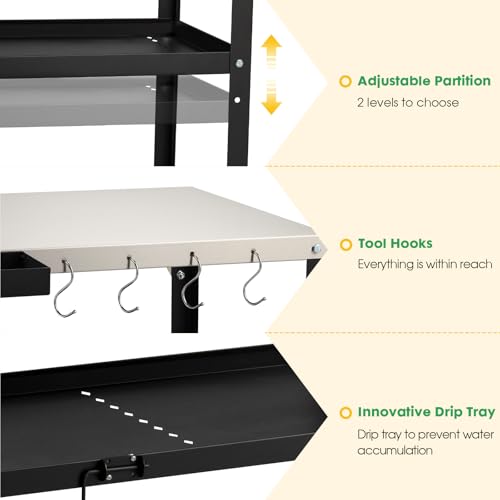 Image of Outdoor Grill Cart Table,Indoor and Outdoor Pizza Oven Table,with 4 Movable Total Lock Casters, Hooks, Side Handle Multifunctional (Black) (Stainless Steel)