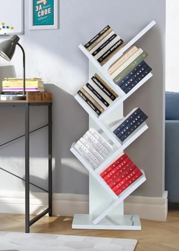 Image of SBF Furniture Modern Tree Shape Wood Bookcase, 7-Tier Book Rack, Storage Rack Shelves in Living Room, Free-Standing Books Holder Organizer, Space Saver for Home, Office, Set of 1 (DIY) (White)