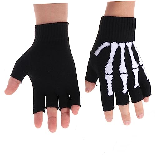 COLLBATH Halloween Skeleton Accessories Half Finger Gloves Knit Gloves Skeleton Hands Pattern Cold Weather Wear