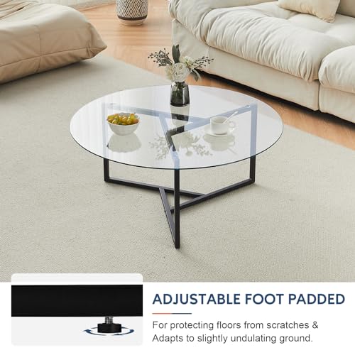 CLIPOP Circle Coffee Table with Tempered Glass Top, Stylish Round Glass Coffee Table with Adjustable Feet & Triangle Structure Metal Frame, Perfect for Living Room, Home Office(Clear Glass Top) - Image 6