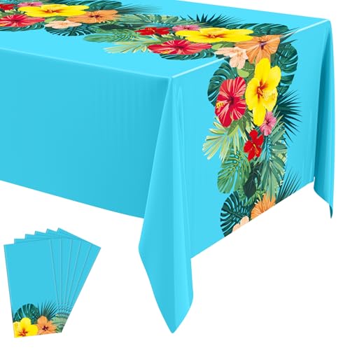 Image of Irenare 6 Sheets Hawaiian Luau Tablecloths for Party Decoration 54 x 108'' Tropical Palm Leaves Table Cloth Hawaii Disposable Rectangular Plastic Table Cover for Summer Beach (Blue)