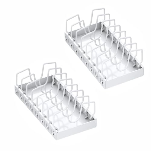 iFCOW Pull Out Pots and Pans Organizer for Under Cabinet, 2 Pack Sliding Lid Holder Organizer for Kitchen Cabinet Expandable Pull Out Pan Rack with 8 Adjustable Dividers No Drill Installation