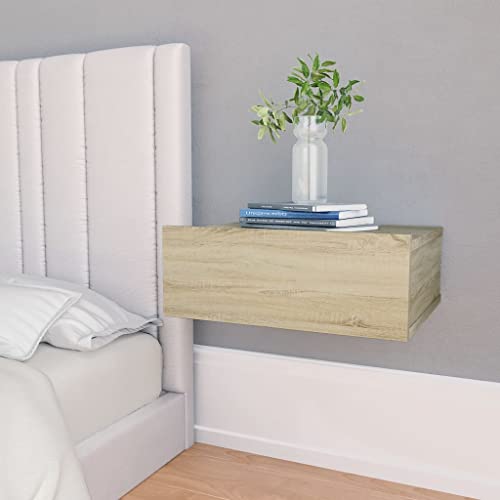 Homgoday Comodini galleggianti Set di 2 comodini Sonoma 40 x 30 x 15 cm, tavolino da parete con cassetto, armadio laterale di stoccaggio, comodino sospeso per camera da letto soggiorno