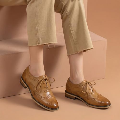 Mona flying Womens Handcrafted Comfy Wingtip Oxfords Brogue Ladies Lace up Leather Shoes - Image 3