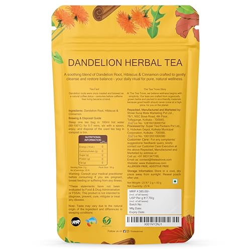 the tea trove Organic Dandelion Tea Bags|25 Eco-Friendly Dandelion Root Tea Bags In Resealable Pouch-Caffeine Free Detox -Steep Hot Or Iced,0.05 kilograms