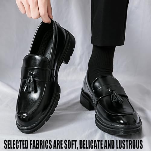 Men's Fashion Tassel Platform Loafers Comfortable Wide Round Toe Slip on Lug Sole Low Block Heel Business Dress Shoes Non-Slip Work Office Casual Shoes2