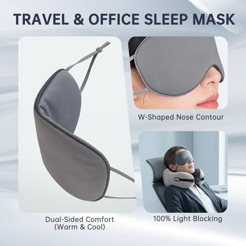 Image of Neck Pillow Travel Pillow - 100% Pure Memory Foam Airplane Pillow with Adjustable Clasp & Removable Cover, Portable Travel Essentials for Long Flights, Car & Office (Light Gray, with Eye Mask)