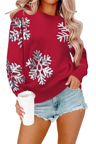 Image of Cakulo Womens Funny Ugly Christmas Sweater Oversized Chunky Batwing Long Sleeve Crewneck Pullover Sweaters 2025 Red Snowflake M