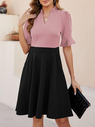 Image of Mokayee Womens Summer V Neck Ruffle Short Sleeve Fit and Flare Knee Length Church Wedding Guest Dresses with Pockets