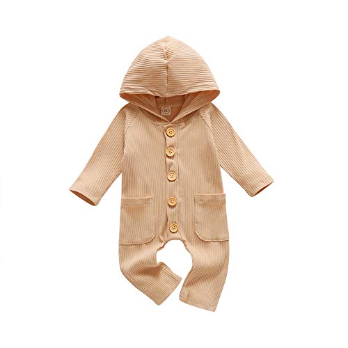 Gueuusu Newborn Baby Boy Girl Hooded Jumpsuit Solid Knitted Long Sleeve Romper Bodysuit One Piece Fall Winter Outfits Clothes (A-Beige, 3-6M)