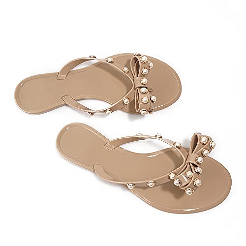 Image of TYFLOVE Women Rivet Flip Flops Studded Jelly Thong Sandals with Bow Summer Bowtie Flat Beach Rain Shoes