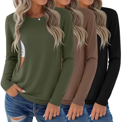 Image of 3 Pack Women Long Sleeve Maternity Nursing Tops | Hidden Zipper Easy Breastfeeding Shirts, Soft Stretch Knit Round Neck Blouses, Postpartum Maternity Clothes for Daily Casual