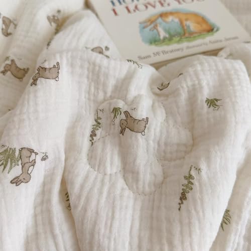 Image of BuLuTu Cartoon Bunny Gauze Toddler Quilt Kids Blankets for Girls Boys, Soft Breathable Cotton Muslin Kids Comforter Quilted Blanket with Cute Rabbit Pattern, 47 inchx59 inch, No Pillow