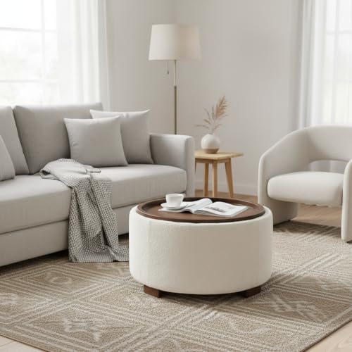 30 Inch Round Storage Ottoman Coffee Table, Modern Boucle Ottoman with Lift-Off Lid and Solid Wood Legs for Living Room, Bedroom, Corners, Apartments (Beige) - Image 5