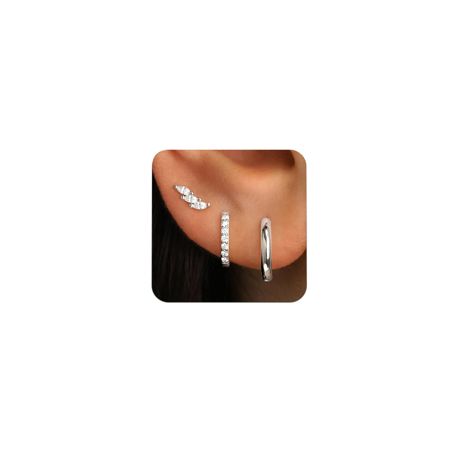 3 Paar Ohrringe Silber 925 Set Damen 14K Vergoldet Creolen G