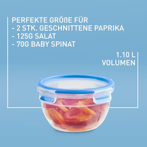 EMSA Clip & Close Frischhaltedose, rund, 1,1 L, mit Deckel, Aufbewahrungsbox, 100 Prozent dicht, spülmaschinen-, gefrier-, mikrowellenfest, Transparent, Blau, Made in Germany, 518096 2