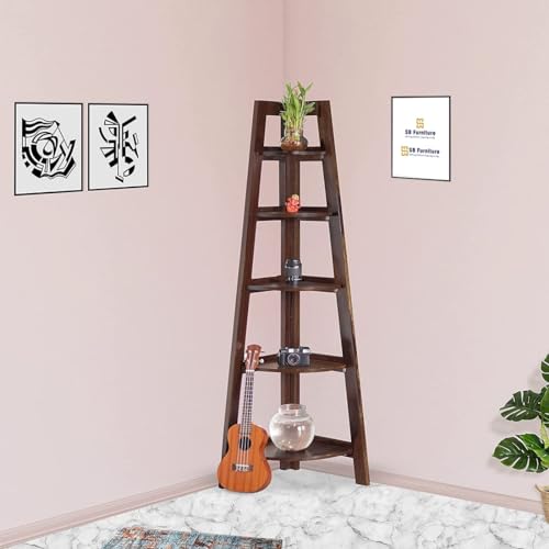 Image of Solid Sheesham Wooden Corner Bookshelf for Living Room Floor Standing Corner Book Shelf 5 Tier Ladder Cabinet Corner Shelf for Home Decor|Bookshelf for Home | Rosewood, Walnut