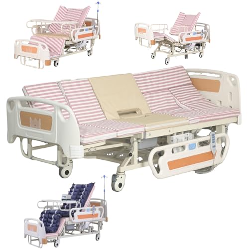 Camas médicas eléctricas para el hogar con 10 Funciones y colchón de Aire. Cama de Hospital eléctrica con inclinación Lateral, rieles Ajustables y portasueros Capacidad,Bed