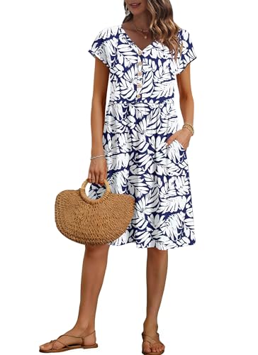 Image of AUSELILY Women's Summer Short Sleeve Knee-Length V Neck Dress with Pockets