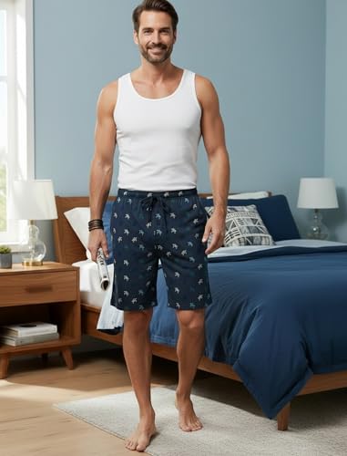 Image of Ekouaer Men's Pajama Shorts Soft Sleepwear Bottoms Elastic Waistband Loungewear Breathable Men Shorts with Pockets