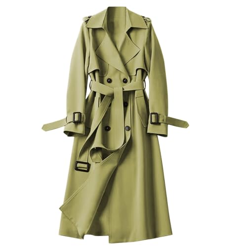 Gabardina clásica de manga larga para mujer, cuello de solapa, chaqueta cortavientos de doble botonadura, para primavera, casual, con botón para cinturón, verde, M