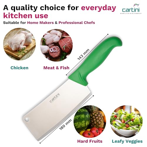 Image of Godrej Locks Cartini | Cleaver Knife (Green) | Chopping and Splitting Bones Efficiently | Chaku for Home, Kitchen and Professional Chef Use | Ss Butcher Blade | Ergonomic Handle |Stainless Steel