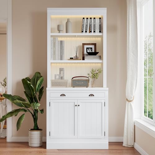 Image of 83.4 inch Tall Bookshelf with 3 Pieces LED Lighting, Modern Bookcase with 2 Doors and 1 Drawer,Storage Bookcase with Open Shelves for Living Room,Home Office,White