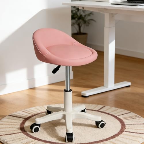 Image of Rolling Stool Chair with Backrest, Round PU Leather Adjustable Height Hydraulic Swivel Rolling Stool for Spa Salon Tattoo Massage Doctor Dental Medical Office Pink