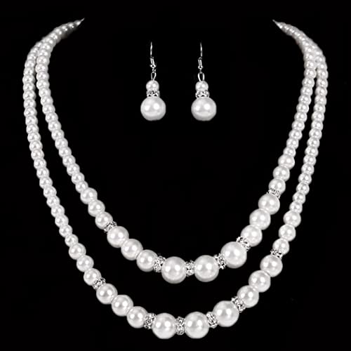 Unicra 1920s Gatsby Pearl Jewelry Set Vintage Crystal Bride Necklace Earrings Set Silver Pearl Multilayer Bridal Necklace Jewelry Accessories for Women and Brides3