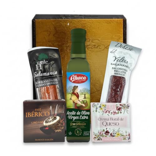 Cesta Gourmet para Regalar S | Perfecta como Cesta Regalo de Día del Padre | Incluye 1 Aceite de Oliva Virgen Extra + 1 Salchichón y 1 Sobrasada Ibérica + Crema Floral de Queso + Paté al PX con pasas
